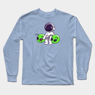 Cute Astronaut Lifting Alien Head Barbell Cartoon Long Sleeve T-Shirt